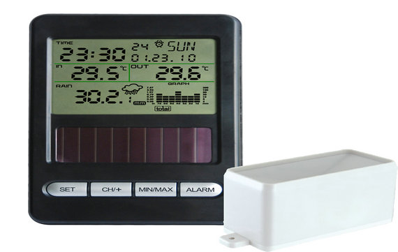 Solar powered rain meter with temperature